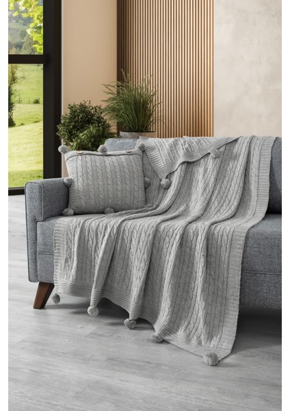 2'li Takım Ponponlu Triko Örme Kırlent Kılıfı & Tv Battaniyesi- Omuz & Koltuk Şalı Seti-Açık Gri