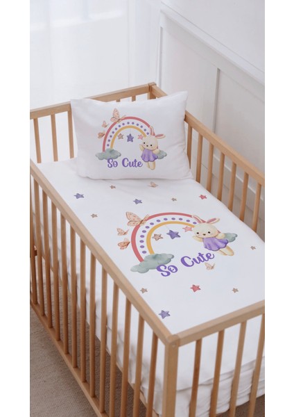 %100 Pamuk Anne Yanı Beşik Nevresim Takımı (60X100) Mor Elbiseli Tavşan