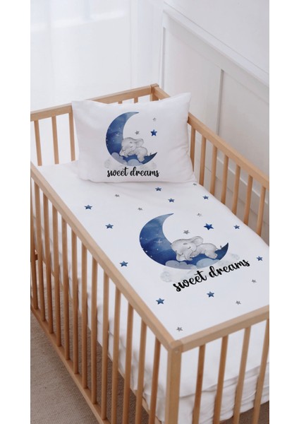 %100 Pamuk Anne Yanı Beşik Nevresim Takımı (60X100) Ayda Uyuyan Küçük Fil