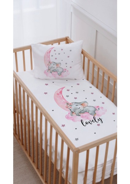 %100 Pamuk Anne Yanı Beşik Nevresim Takımı (60X100) Pembe Temalı Ayda Uyuyan Fil