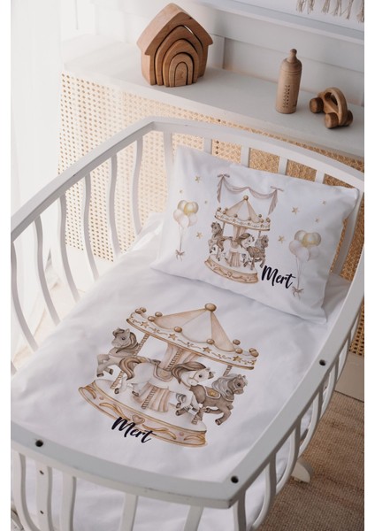 %100 Pamuk Saten Isme Özel Isimli Anne Yanı Beşik Nevresim Takımı Atlıkarınca