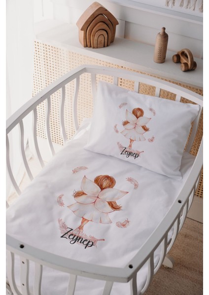 %100 Pamuk Saten Isme Özel Isimli Anne Yanı Beşik Nevresim Takımı Peri