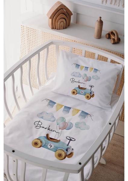 %100 Pamuk Saten Isme Özel Isimli Anne Yanı Beşik Nevresim Takımı Araba