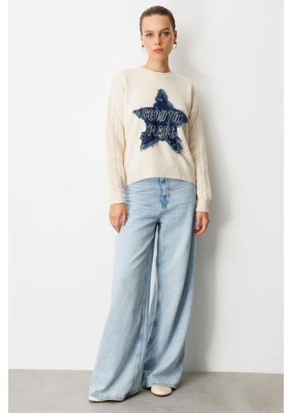 Kot Yıldız Detaylı Triko Kazak-KREM