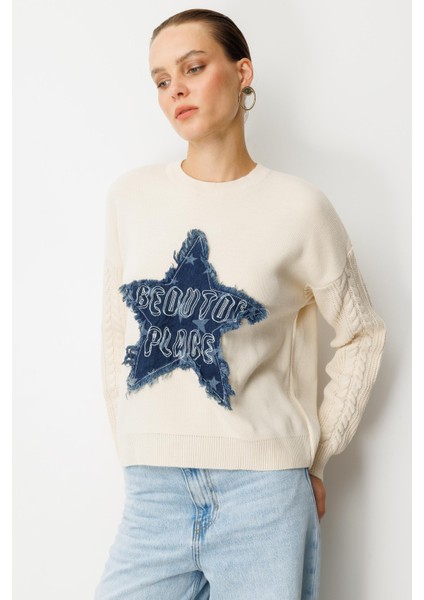 Kot Yıldız Detaylı Triko Kazak-KREM fiyatları