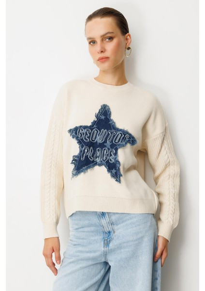 Kot Yıldız Detaylı Triko Kazak-KREM modelleri