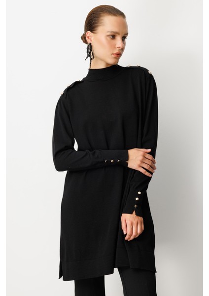 Omzu Düğme Detaylı Triko Tunik-SİYAH fiyatları