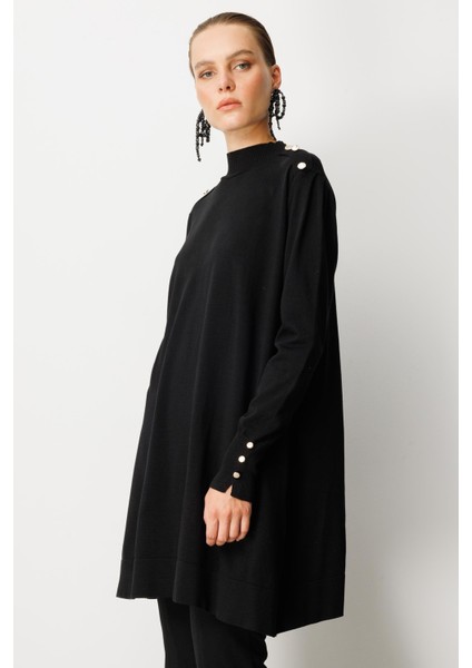 Omzu Düğme Detaylı Triko Tunik-SİYAH modelleri