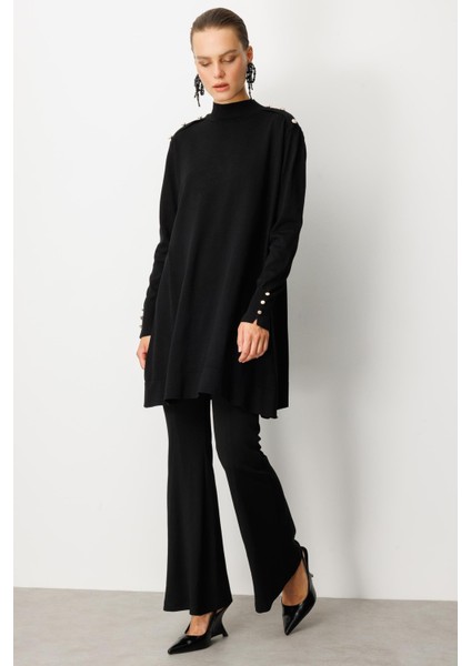 Omzu Düğme Detaylı Triko Tunik-SİYAH fırsatları