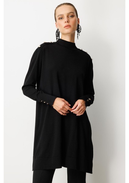 Omzu Düğme Detaylı Triko Tunik-SİYAH indirimleri