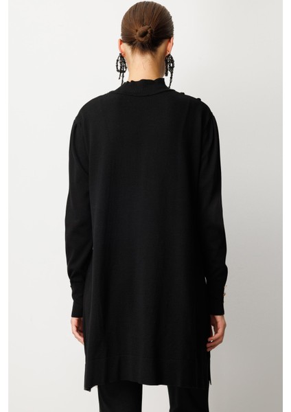 Omzu Düğme Detaylı Triko Tunik-SİYAH