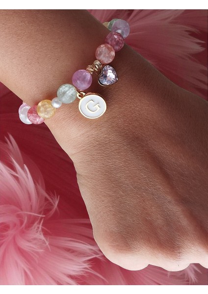 Necef Doğaltaş'lı Harf ve Çelik Kalp Charmlı Kadın Bileklik