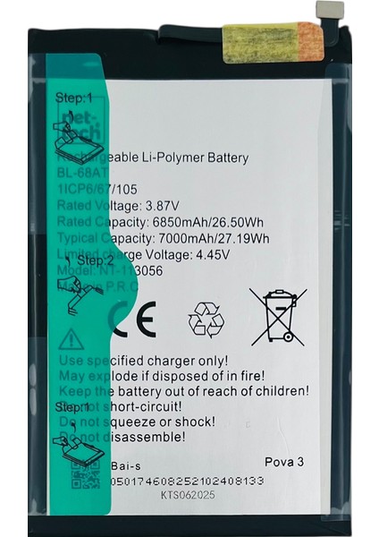 Teknonet Tecno Pova 3 Uyumlu Nettech BL-68AT 6000 Mah Batarya