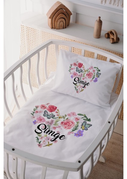%100 Pamuk Saten Isme Özel Isimli Anne Yanı Beşik Nevresim Takımı Çiçek