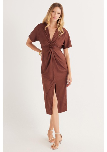 Kadın Slim Fit Dar Kesim Kısa Kollu V Yaka Kahverengi Elbise indirimleri