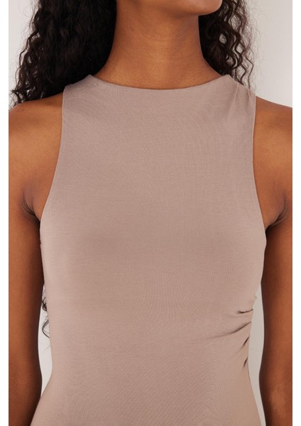 Kadın Modal Kumaş Slim Fit Dar Kesim Sıfır Kol Bisiklet Yaka Vizon Elbise modelleri