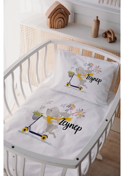 %100 Pamuk Saten Isme Özel Isimli Anne Yanı Beşik Nevresim Takımı Tavşan