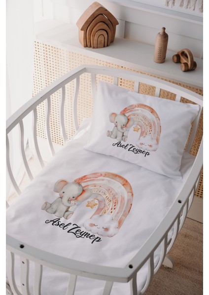 %100 Pamuk Saten Isme Özel Isimli Anne Yanı Beşik Nevresim Takımı Fil