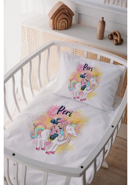 %100 Pamuk Saten Isme Özel Isimli Anne Yanı Beşik Nevresim Takımı Unicorn & Minnie