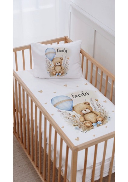 %100 Pamuk Anne Yanı Beşik Nevresim Takımı (60X100) Mavi Balonlu Ayıcık