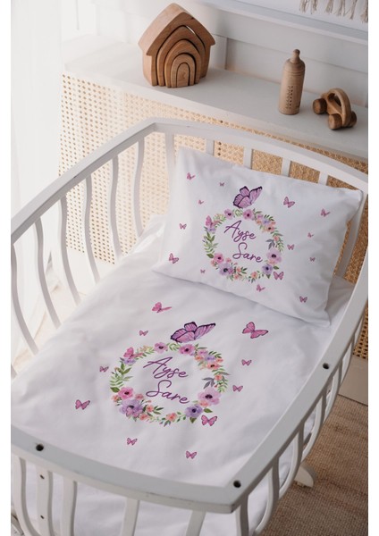 %100 Pamuk Saten Isme Özel Isimli Anne Yanı Beşik Nevresim Takımı Kelebek