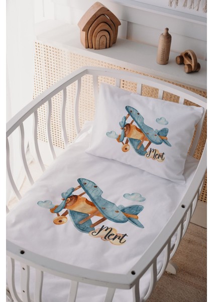 %100 Pamuk Saten Isme Özel Isimli Anne Yanı Beşik Nevresim Takımı Uçak