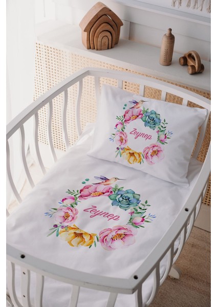 %100 Pamuk Saten Isme Özel Anne Yanı Beşik Nevresim Takımı Çiçek