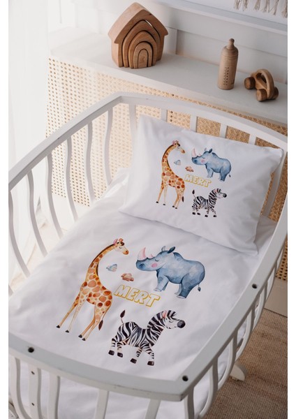 %100 Pamuk Saten Isme Özel Isimli Anne Yanı Beşik Nevresim Takımı Safari