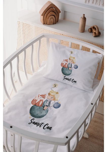 %100 Pamuk Saten Isme Özel Isimli Anne Yanı Beşik Nevresim Takımı Küçük Prens