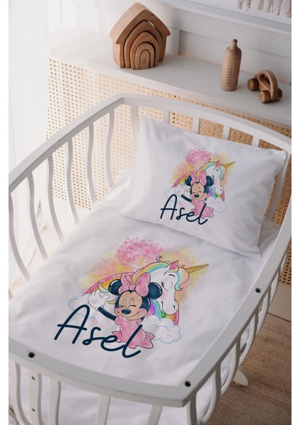 %100 Pamuk Saten Isme Özel Isimli Anne Yanı Beşik Nevresim Takımı Minnie