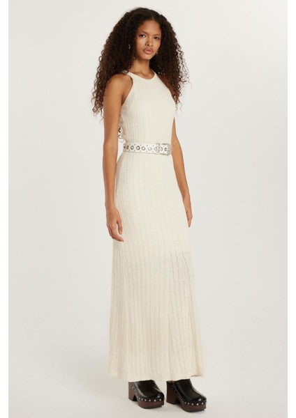 Kadın Slim Fit Dar Kesim Örgü Desen Bisiklet Yaka Ekru Elbise