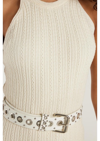 Kadın Slim Fit Dar Kesim Örgü Desen Bisiklet Yaka Ekru Elbise modelleri