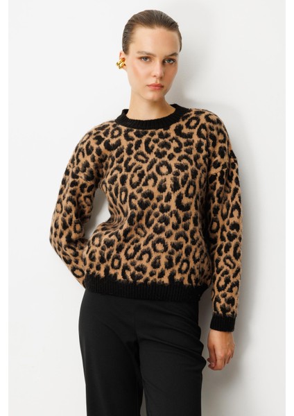 Leopar Desenli Triko Kazak-SİYAH fiyatları