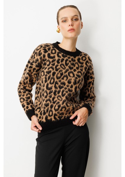 Leopar Desenli Triko Kazak-SİYAH modelleri