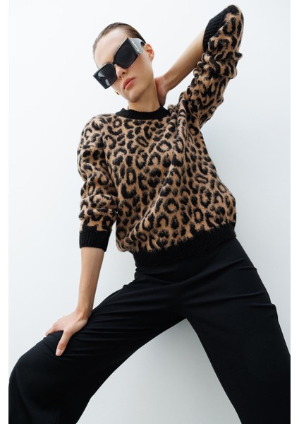 Leopar Desenli Triko Kazak-SİYAH indirimleri