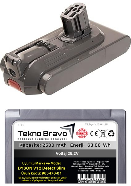 (Dyson V12 Tak-Çıkar Uyumlu Ürün Kodu: 965470-01 ) 2500MAH Kablosuz Dikey Süpürge Bataryası