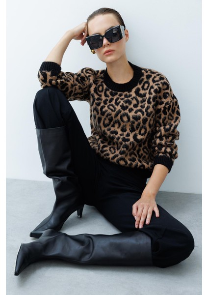 Leopar Desenli Triko Kazak-SİYAH