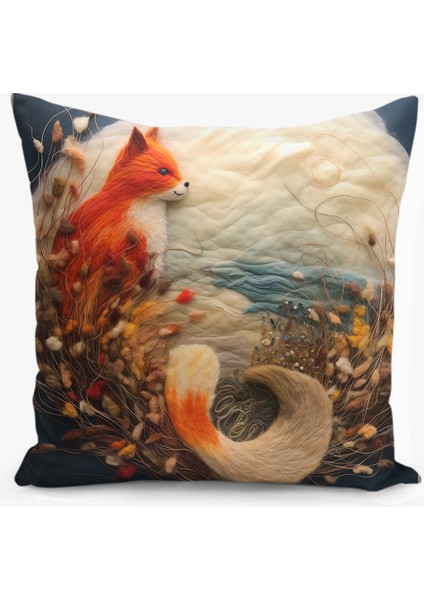 Çift Taraflı Dijital Baskı Kırlent Kılıfı Keçe Işi Görünümlü Tilki Desenli