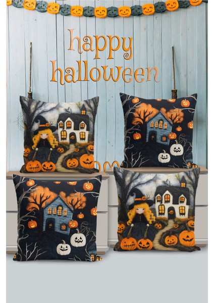4 Lü Çift Taraflı Dijital Baskı Kırlent Kılıfı Hallowen/cadılar Bayramı Desenli Çocuk Odası