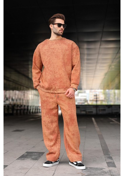 Kahverengi Bisiklet Yaka Batik Desenli Erkek Sweatshirt Pantolon Takım E7344