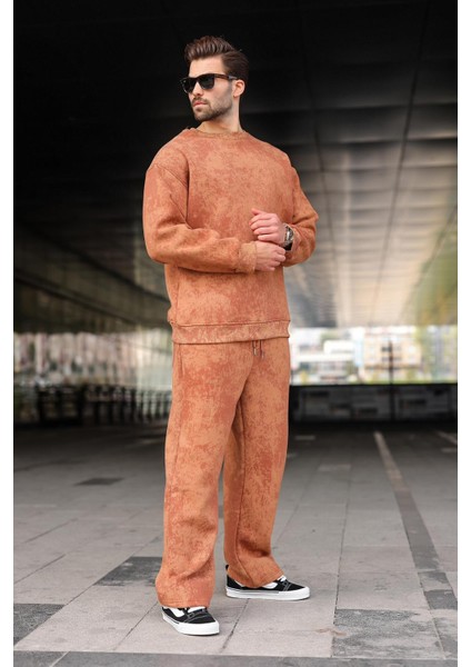 Kahverengi Bisiklet Yaka Batik Desenli Erkek Sweatshirt Pantolon Takım E7344 fiyatları