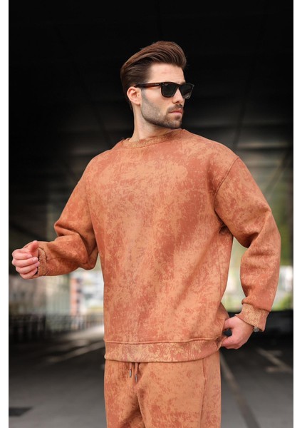 Kahverengi Bisiklet Yaka Batik Desenli Erkek Sweatshirt Pantolon Takım E7344 modelleri