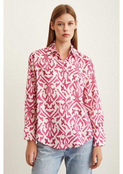 V Yaka Desenli Saten Gömlek Fuşya