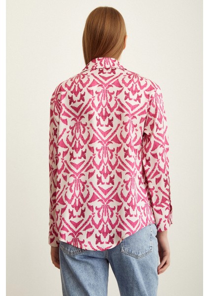 V Yaka Desenli Saten Gömlek Fuşya modelleri