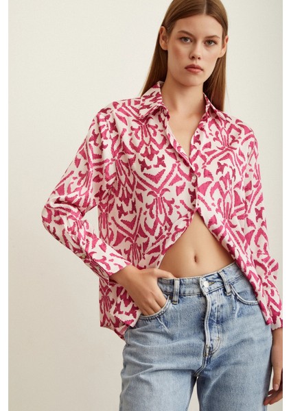 V Yaka Desenli Saten Gömlek Fuşya fırsatları