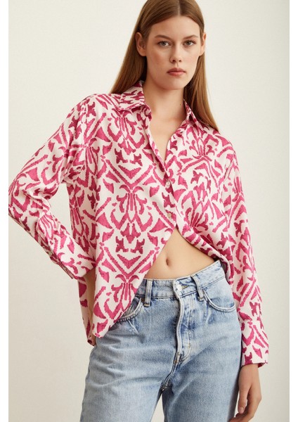 V Yaka Desenli Saten Gömlek Fuşya indirimleri