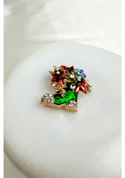 Yılbaşı Özel Renkli Taş Süslemeli Yeşil Ayakkabı Broş (3cm)