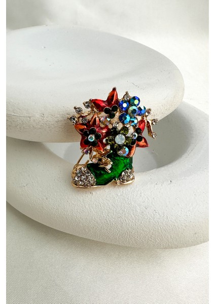Yılbaşı Özel Renkli Taş Süslemeli Yeşil Ayakkabı Broş (3cm) modelleri