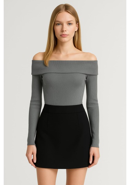 Fitilli Madonna Yaka Kadın Bluz Füme