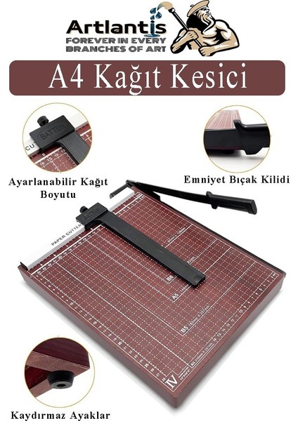 Giyotin Kağıt Kesme Makinesi A4 Metal Kollu Bordo Tablalı A5-A4 Ayarlanabilir Sürgülü Paslanmaz Kaliteli